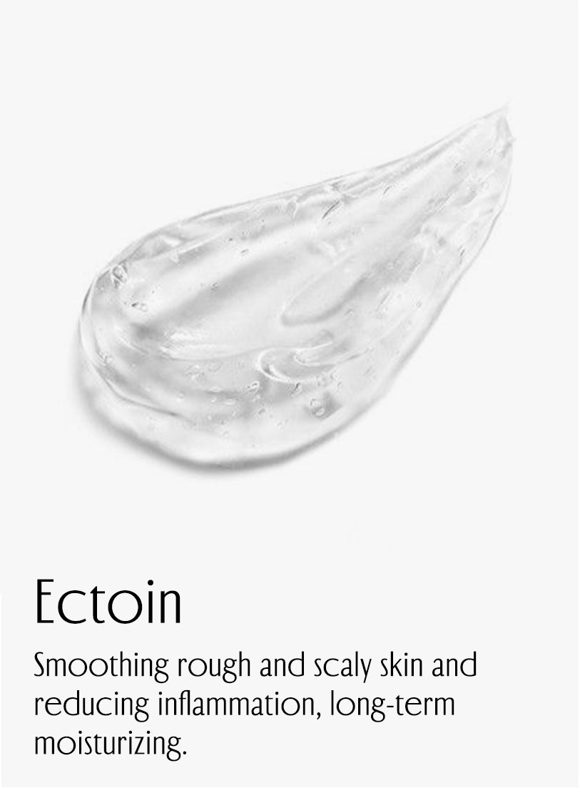 Ectoin. Smoothing rough and scaly skin and reducing inflammation, long-term moisturizing.